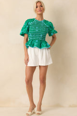 Here And There Kelly Green Floral Print Cotton Peplum Top