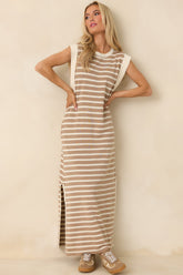 Keep It Straight Taupe Stripe Stretch Knit Maxi Dress