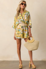 Views From The Veranda Yellow Tropical Print Linen Blend Romper