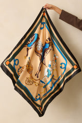 Holding The Reins Gold Multi Equestrian Print Satin Scarf