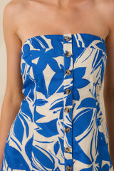 Azure Botanica Blue & Ivory Floral Print Cotton Strapless Mini Dress