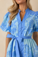 Something in the Air Blue Cotton Paisley Belted V-Neck Mini Dress