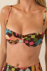 MINKPINK Isola Brown Multi Vintage Coastal Print Gathered Bikini Top