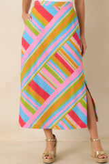 Nothing But Good Vibes Multi Geometric Cotton Linen Midi Skirt
