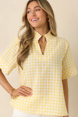 Plans in the Sunshine Yellow Gingham Cotton V-Neck Top