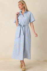 Check Me Out Blue Gingham Ruffle Collar Belted Maxi Dress
