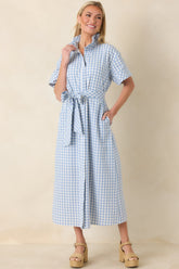 Check Me Out Blue Gingham Ruffle Collar Belted Maxi Dress