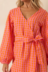 Sunset Check-In Pink & Orange Plaid Cotton Wrap Mini Dress