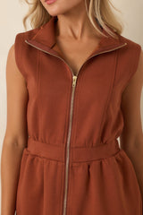 Zip Through the Day Rust Zip Front Scalloped Hem Mini Dress