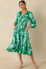 In Perfect Harmony Green & Blue Floral Print V-Neck Midi Dress