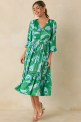 In Perfect Harmony Green & Blue Floral Print V-Neck Midi Dress