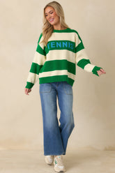 Courtside Classic Kelly Green Stripe Cotton Knit Tennis Sweater