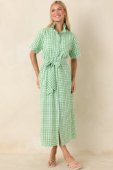 Check Me Out Green Gingham Ruffle Collar Belted Maxi Dress