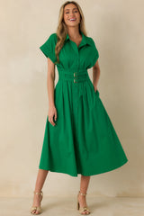 Right Where You're Meant to Be Green Belted Button Front Midi Dress