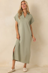 Made The Right Call Sage Green Collared Midi T-Shirt Dress