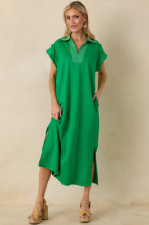 Let It Play Out Green Knit Contrast Detail V-Neck Short Sleeve Midi Dress