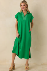 Let It Play Out Green Knit Contrast Detail V-Neck Short Sleeve Midi Dress
