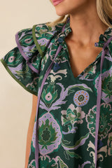 The Rest Is Certain Green Multi Print Cotton Ruffle Sleeve Blouse