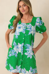 If You Ask Me Green & White Floral Cotton Puff Sleeve Mini Dress