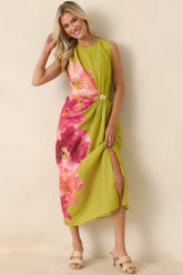 Do a Double Take Chartreuse Multi Floral Print Midi Dress
