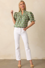 Crossed My Mind Green Geometric Floral Print Cotton Top