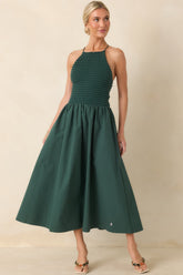 FRNCH Lucia Green Cotton Strappy Knit Bodice Midi Dress