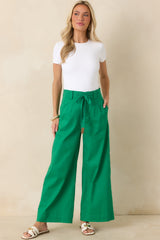 Refined Rhythm Emerald Green Cotton Tie-Belt Wide Leg Pants