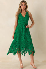 Where the Party Is Green Lace V-Neck Sleeveless Midi Dress