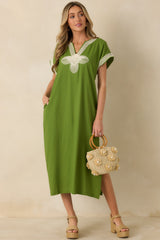 You Know the Feeling Matcha Green Embroidered V-Neck Maxi Dress