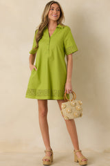 Something About You Avocado Green Cotton Blend Cut Out Detail Mini Shirt Dress