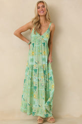 Sunlit Getaway Green Multi Tropical Sleeveless Maxi Dress