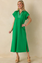 Let It Play Out Green Knit Contrast Detail V-Neck Short Sleeve Midi Dress