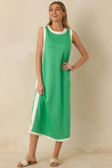 Perfectly Framed Green Jersey Knit Contrast Trim Sleeveless Maxi Dress