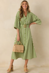 Lighthearted Days Green Stripe Belted Button Front Maxi Shirt Dress