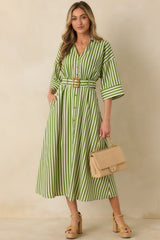 Lighthearted Days Green Stripe Belted Button Front Maxi Shirt Dress