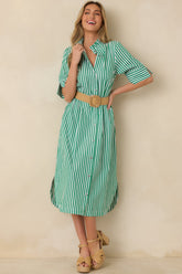 In Perfect Order Green Stripe Button Front Ruffle Collar Midi Shirt Dress