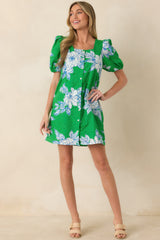 If You Ask Me Green & White Floral Cotton Puff Sleeve Mini Dress
