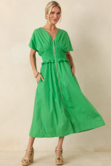 Let It Be Easy Kelly Green Smocked Waist Zip Maxi Dress