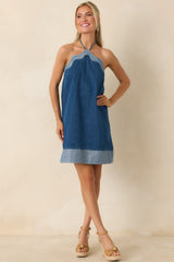 Off the Edge Light Indigo Cotton Denim Halter Mini Dress