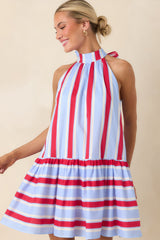 Made for Fireworks Red & Light Blue Stripe Cotton Halter Tiered Mini Dress