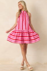 Made for Fireworks Red & Pink Stripe Cotton Halter Tiered Mini Dress