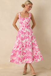 Destination Daydream Hibiscus Pink Palm Print Tie Back Midi Dress