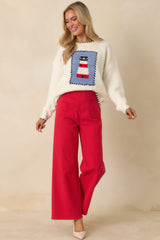 Quiet Confidence Red Cotton Patch Pocket Wide Leg Pants