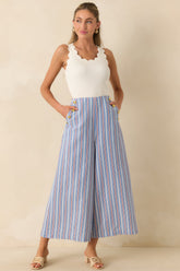 Prosperina Deitrich Blue & Red Stripe Wide Leg Cotton Blend Pants