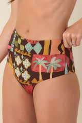MINKPINK Isola Brown Multi Vintage Coastal Print High Waisted Bikini Bottoms