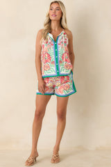 Petal Pop Green & Coral Pink Floral Shorts