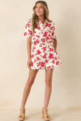 Feeling Fabulous Ivory & Red Floral Cotton High Waisted Shorts