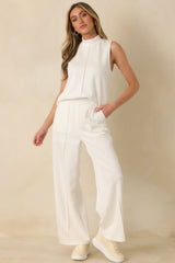 Ready to Jet Cloud White Knit High-Waisted Wide-Leg Pants