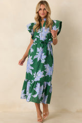 Fresh Air Affair Hunter Green & Blue Floral Cotton Eyelet Midi Dress