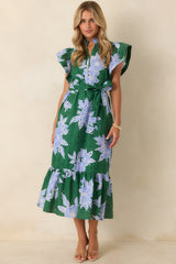 Fresh Air Affair Hunter Green & Blue Floral Cotton Eyelet Midi Dress